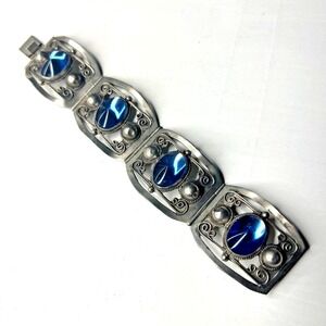 Vintage Taxco Mexico 925 Sterling Silver Blue Glass Panel Link Bracelet